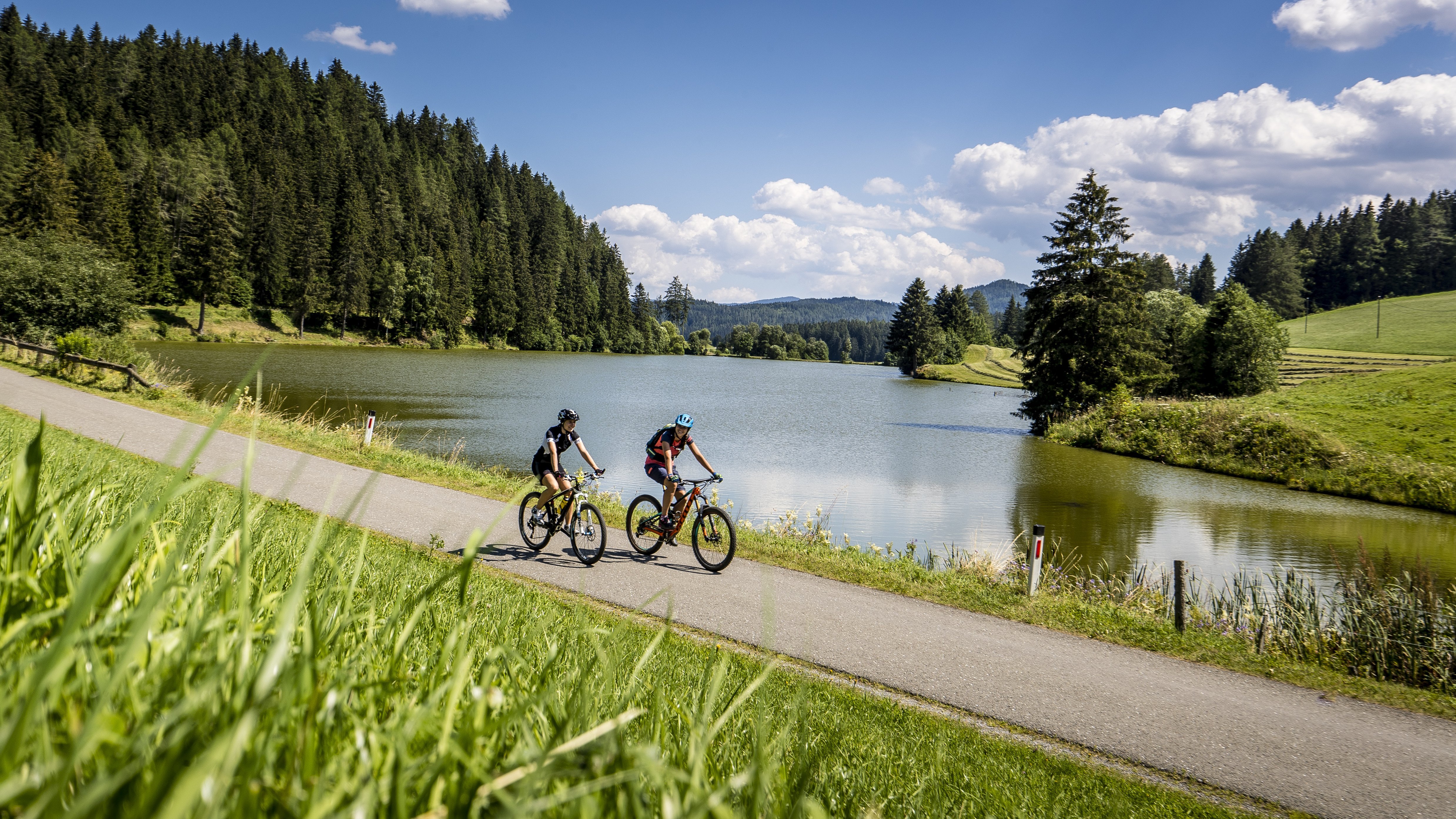 Mountainbike Abenteuer in der Natur Zwei Radfahrer auf einem Weg neben einem See, umgeben von Bäumen und Grünflächen.