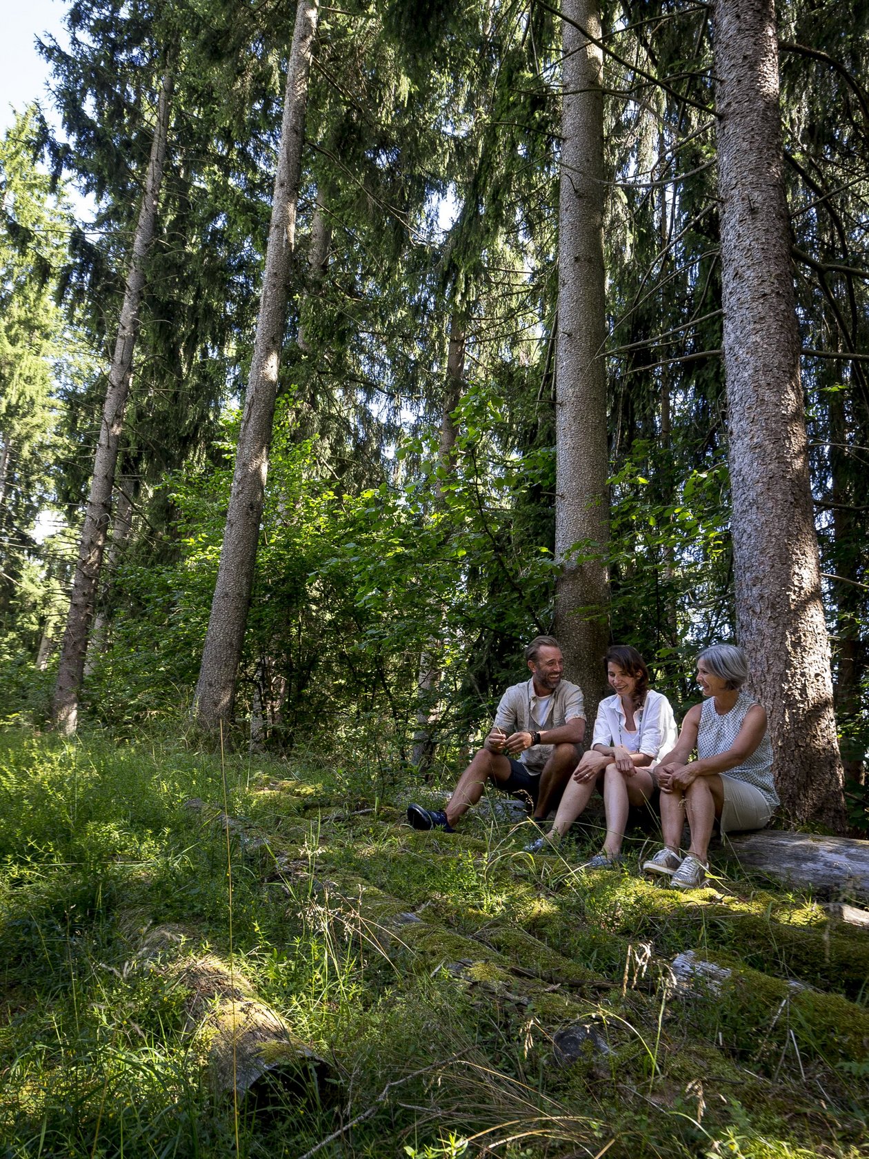 Relaxing in Nature with Friends Three people sitting on a log in a lush forest, surrounded by trees and greenery.