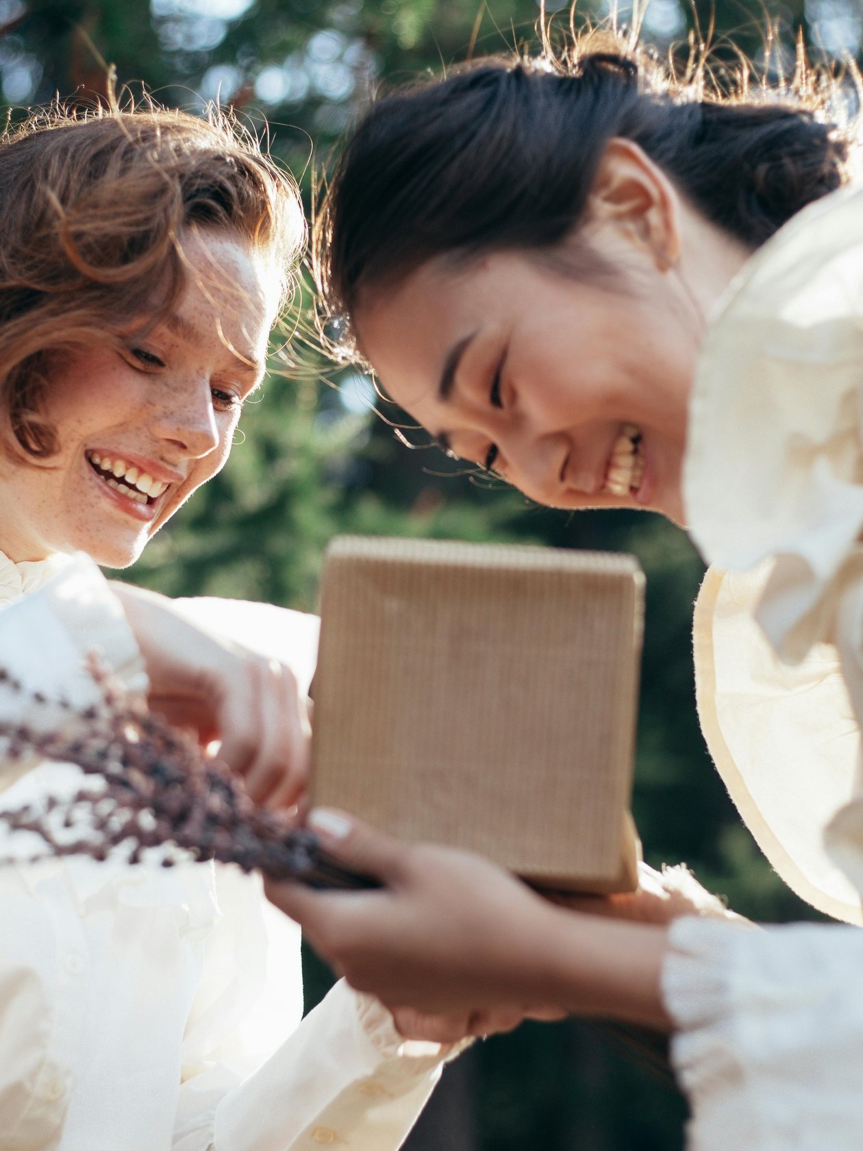 Freundschaftliche Geschenkübergabe im Freien Zwei Frauen lächeln und tauschen Geschenke in einer grünen Umgebung aus, festliche Stimmung.