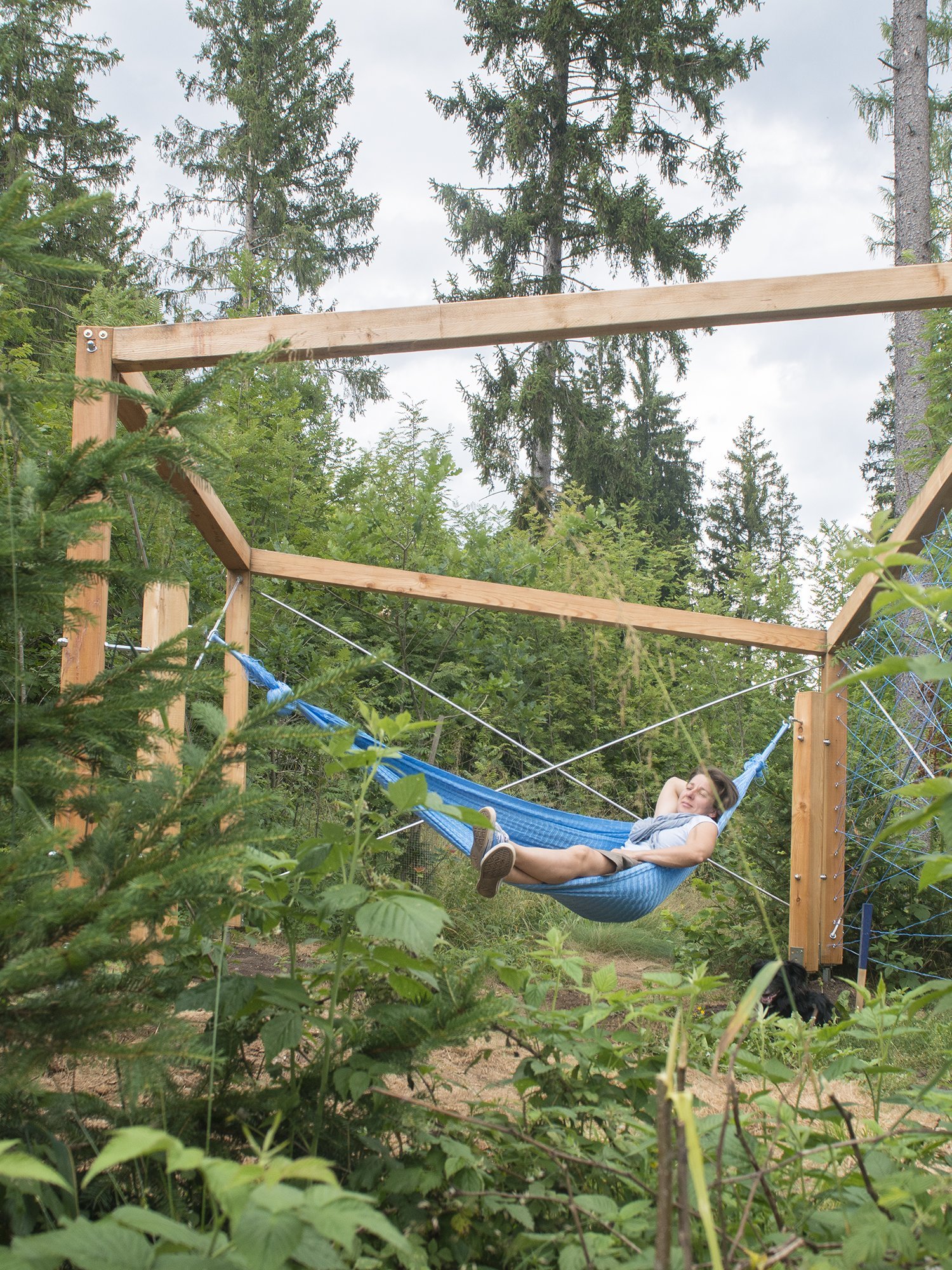 Hängematte im Wald Eine Person entspannt in einer blauen Hängematte zwischen einem Holzgestell im Wald.