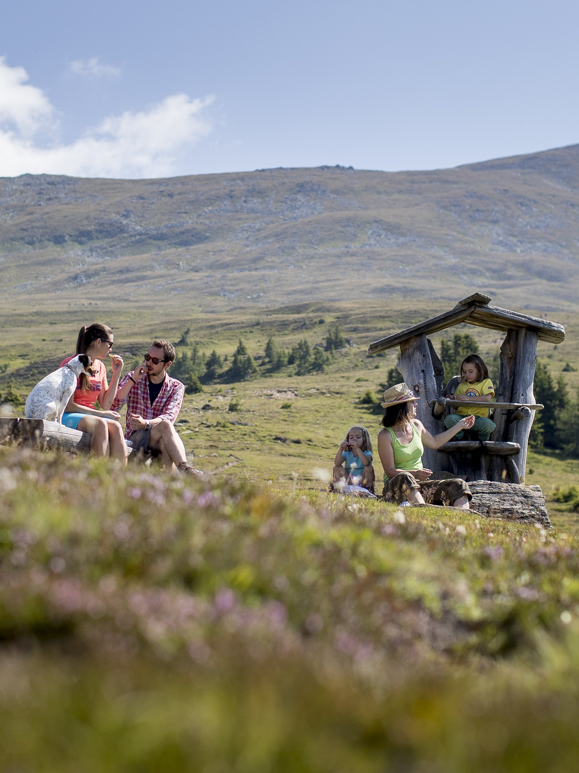Familienpicknick in der Natur Gruppe von Menschen genießt ein Picknick in einer bergigen Umgebung mit viel Grün und blauem Himmel.